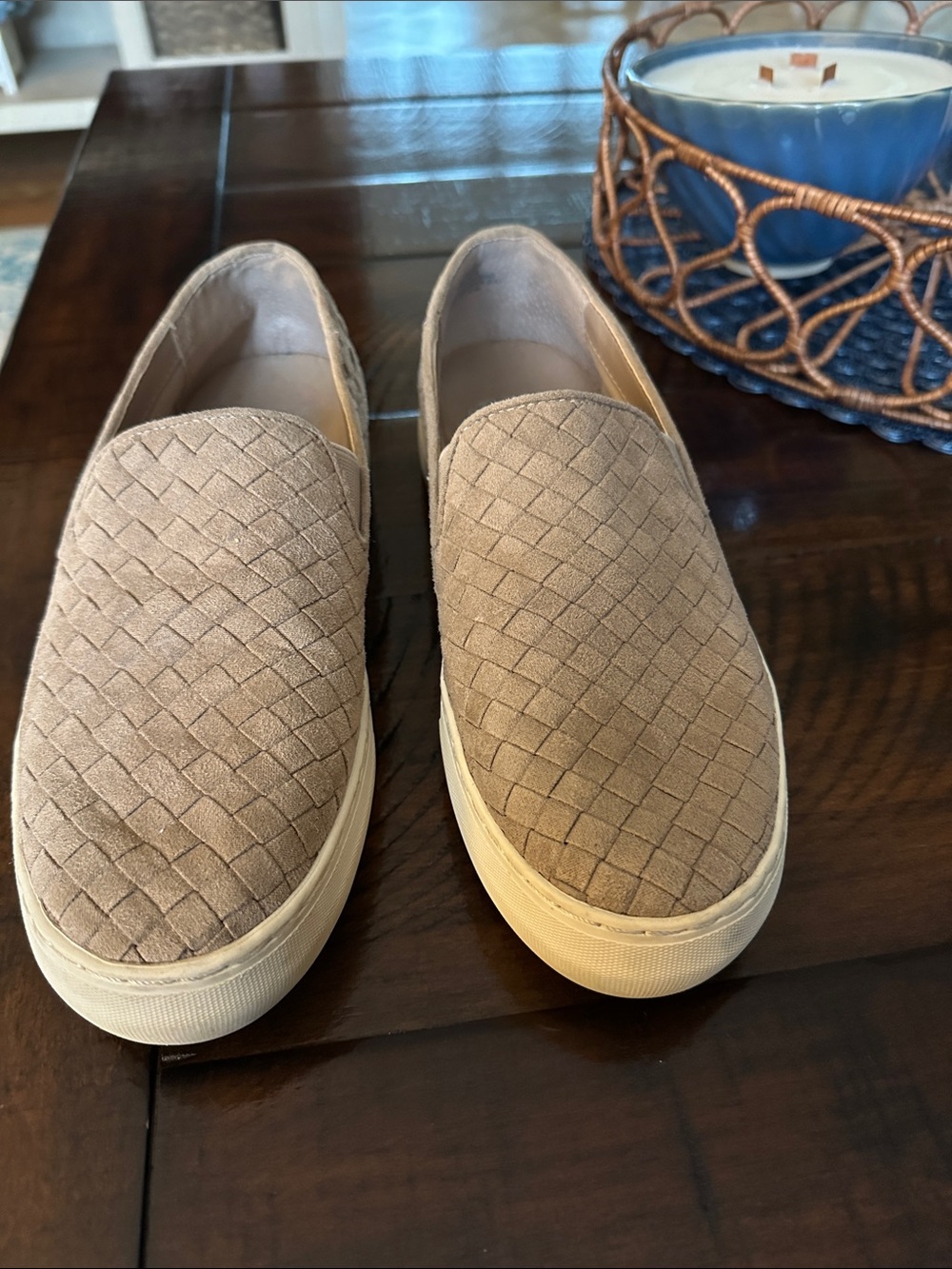 Vince Camuto Woven Slip-On Loafers in Taupe Suede